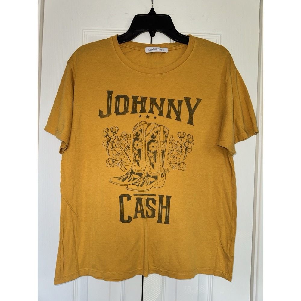Daydreamer Johnny Cash T-Shirt Size M-L Yellow Cowboy Boot Graphic Tee